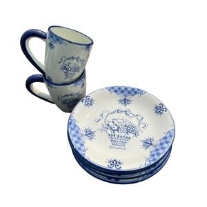 Vintage Lillian Vernon Fruit Basket Salad Plates 8 1/4"‎ & 2 Mugs Blue & White